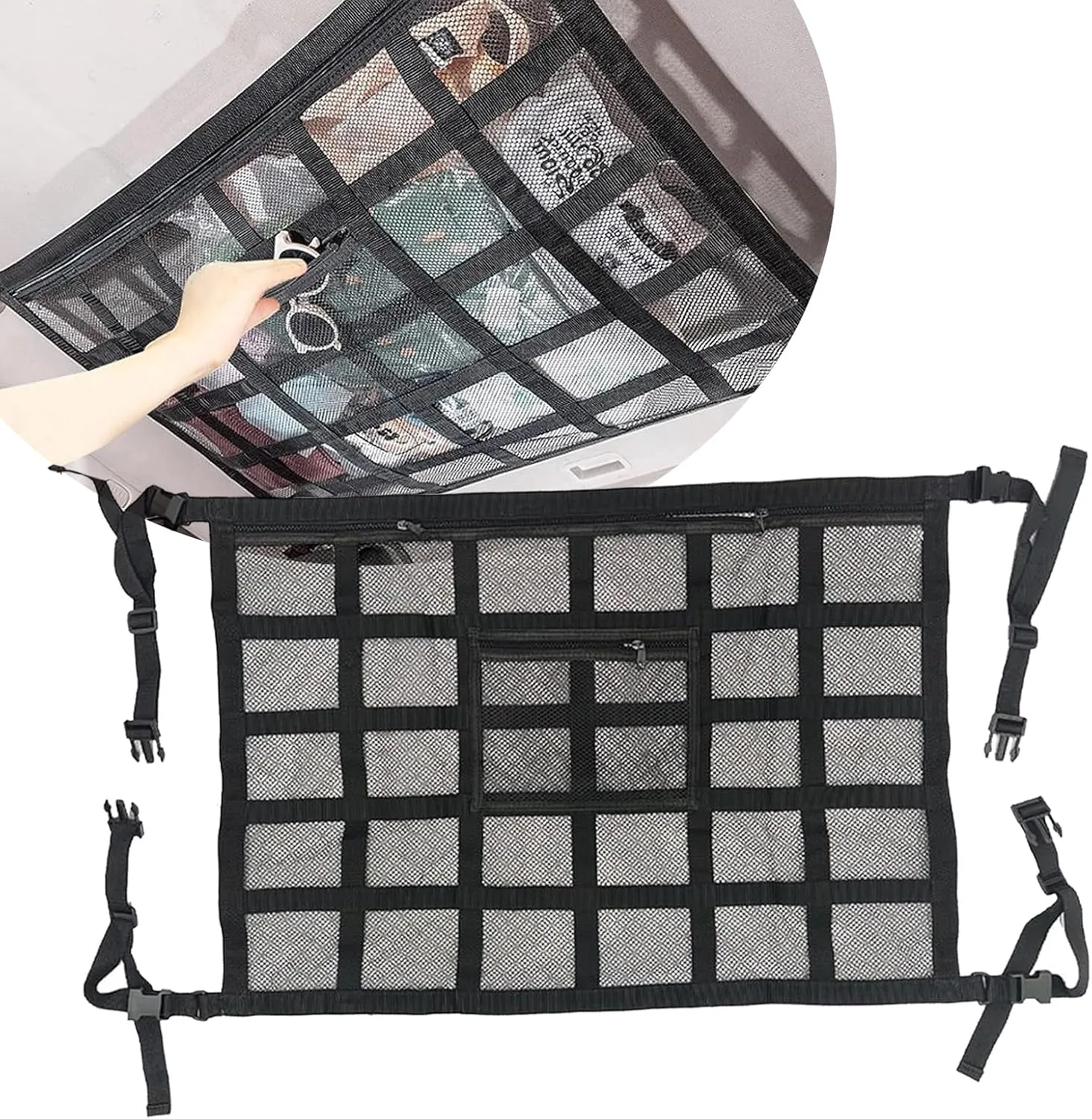 1 PC Car Roof Storage Mesh Pocket, 31.5" x 21.3" Hexagonal Dense Mesh Zipper Closure Mesh Pocket, Adjustable Webbing Mounting Accessories, for Small Family Cars Less Than 76.77" Wide (Black)