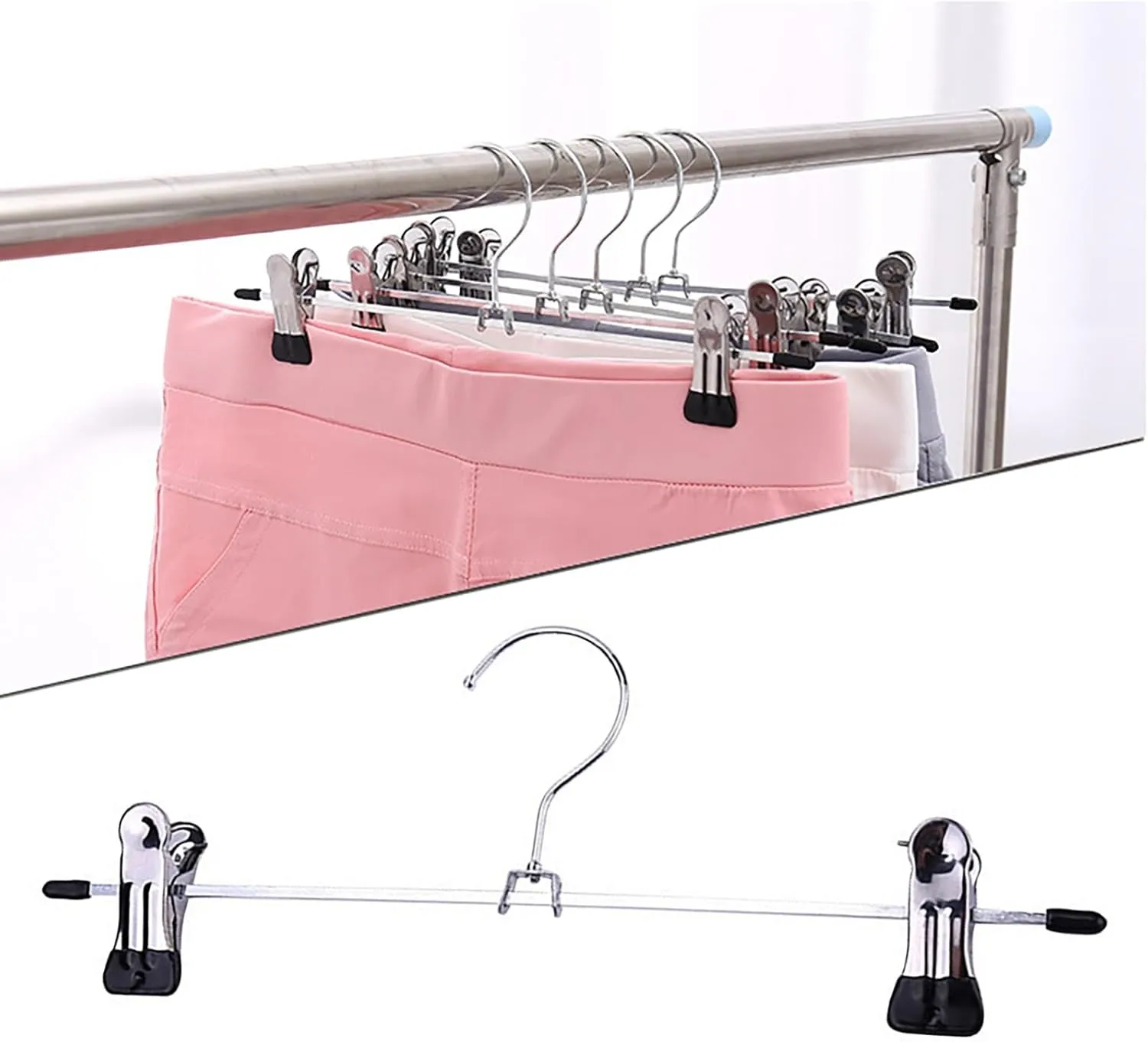 10 Pack Pants Hangers Saving Inch Non Slip Stainless Metal Pants Hanger With Clips Clothes Hangers For Shorts Skirt Bottoms Jeans Large Linen Fabric Foldable Storage Container (Silver, One Size)