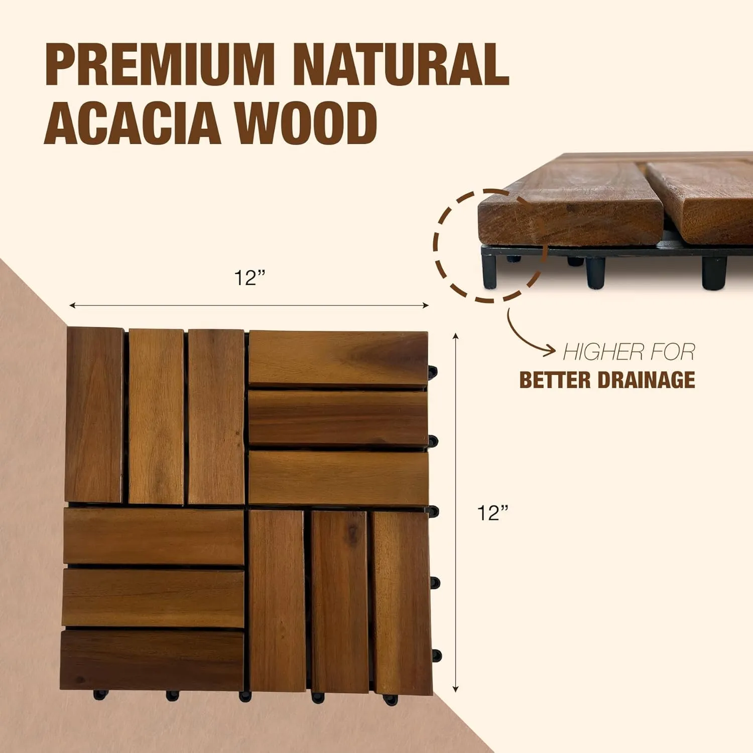 10 pcs Premium Acacia Wood Interlocking Decking Tiles – Weatherproof Patio Flooring Outdoor – Interlocking Deck Tiles for Balcony, Backyard, Garden & Poolside, All-Weather Use (Golden Teak Finish)