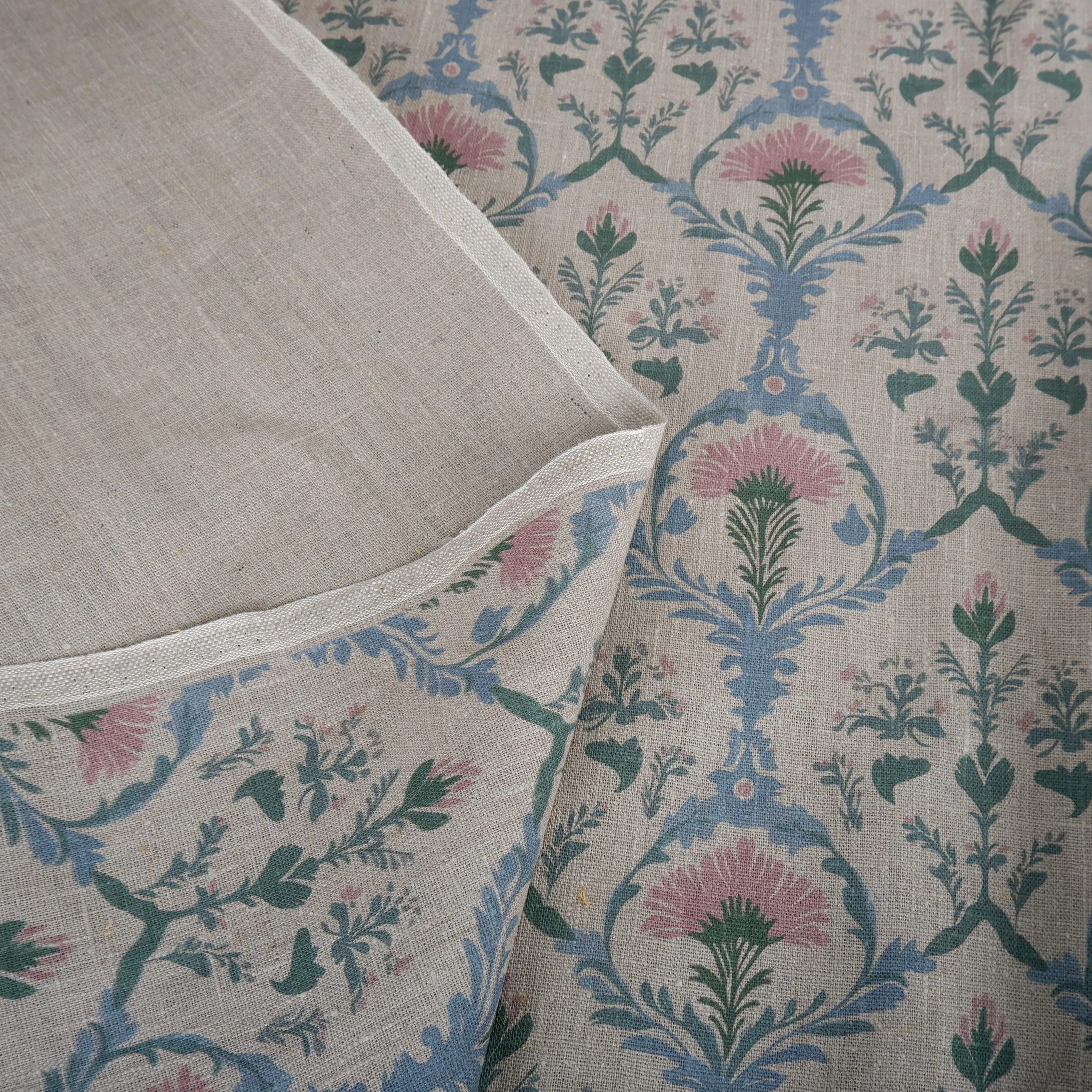 100% LINEN Fabric pink blue block print  - Arabesque trellis 2254
