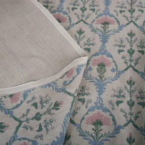 100% LINEN Fabric pink blue block print  - Arabesque trellis 2254