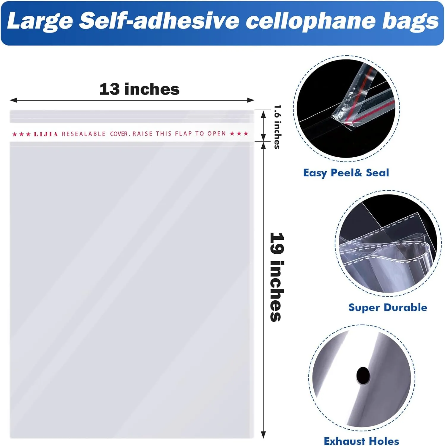 100 pcs 13" x 19" Large Clear Resealable Cellophane Bags for Packaging Products Self-sealing Gift Bags Self-adhesive Plastic Bags for Gifts Clothes Small Business Goodie Bags,Thank you Stickers