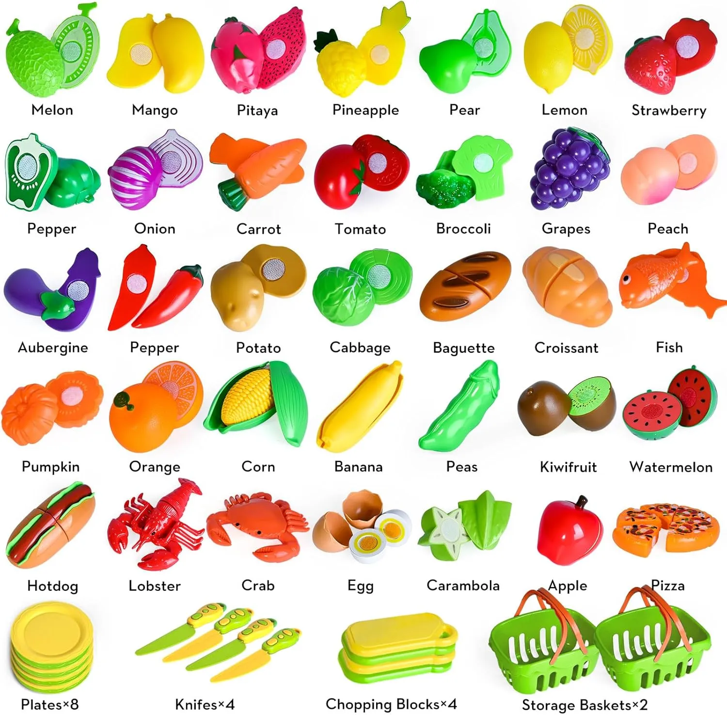 100 PCS Cutting Play Food Toy for Kids Kitchen, Pretend Food Toys for Toddlers, Play Kitchen Toys Accessories with 2 Baskets, Fake Food/Fruit/Vegetable, Birthday Gifts for 3 4 5 6 Years old Girls Boys
