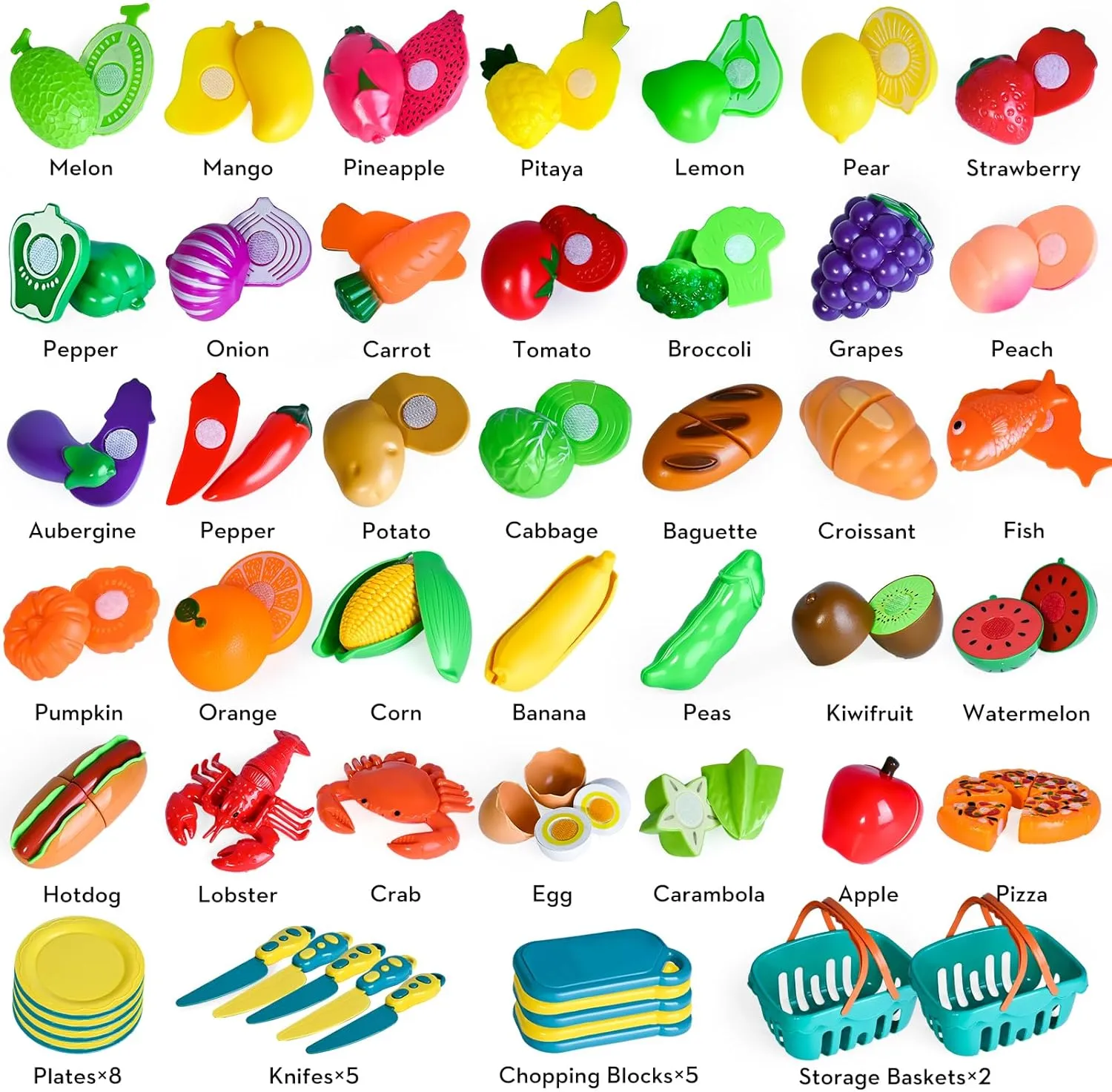 100 PCS Cutting Play Food Toy for Kids Kitchen, Pretend Food Toys for Toddlers, Play Kitchen Toys Accessories with 2 Baskets, Fake Food/Fruit/Vegetable, Birthday Gifts for 3 4 5 Years old Boys Girls