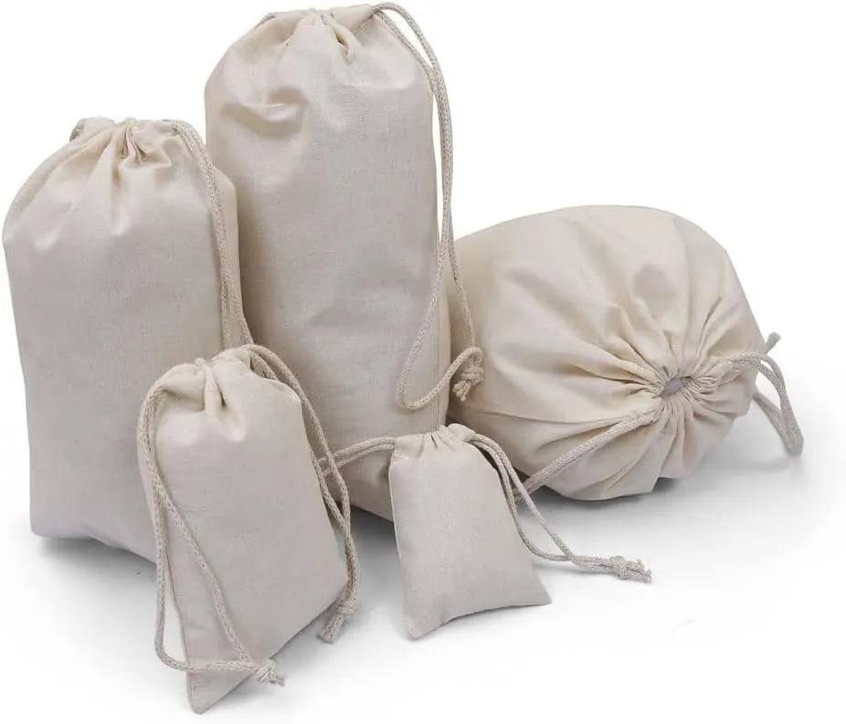 100Pcs 6 x 8 Inches Premium Cotton Muslin Double Drawstring Bags, Reusable Bag Natural Cotton Bags with Drawstring Produce Bags Bulk Gift Bag Jewelry Pouch for Party Wedding Home Storage