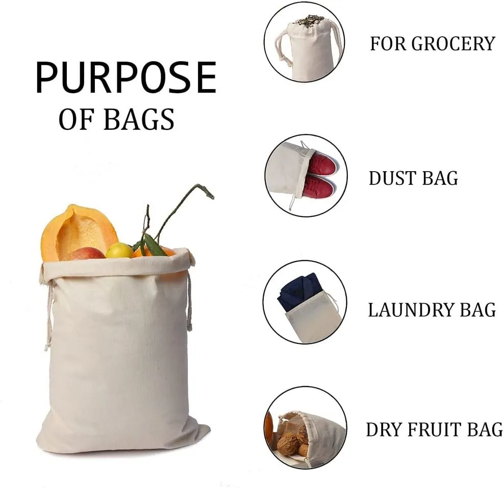 100Pcs 6 x 8 Inches Premium Cotton Muslin Double Drawstring Bags, Reusable Bag Natural Cotton Bags with Drawstring Produce Bags Bulk Gift Bag Jewelry Pouch for Party Wedding Home Storage
