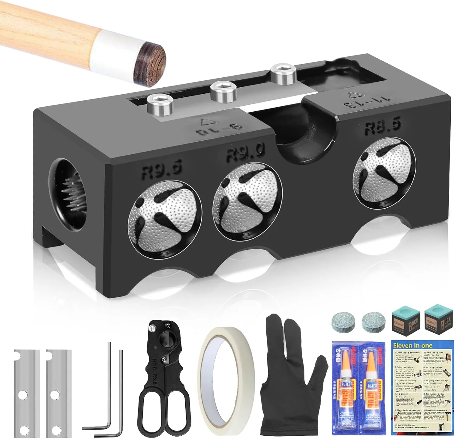 11-in-1 Pool Cue Tip Shaper, Pool Cue Tips Replacement Kit, Billiards Pool Accessories, Pool Cue Tip Tool, Pool Cue Tips Repair Tool for Replacement and Shaping Cue Tips