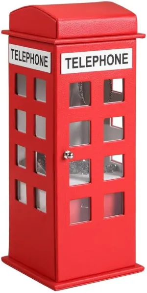 11.5" Tall Leather Jewelry Box with British Telephone Design, Red, Acrylic Clear Display Windows
