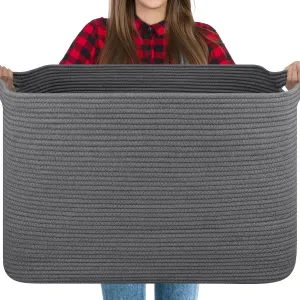 118L Extra Large Blanket Basket, 24.8"x17.7"x16.2" Woven Rope Baskets for Storage, Nursery Blanket Storage for Living Room, Toy Basket with Handle Organizing Comforter Cushions Pillows, Grey