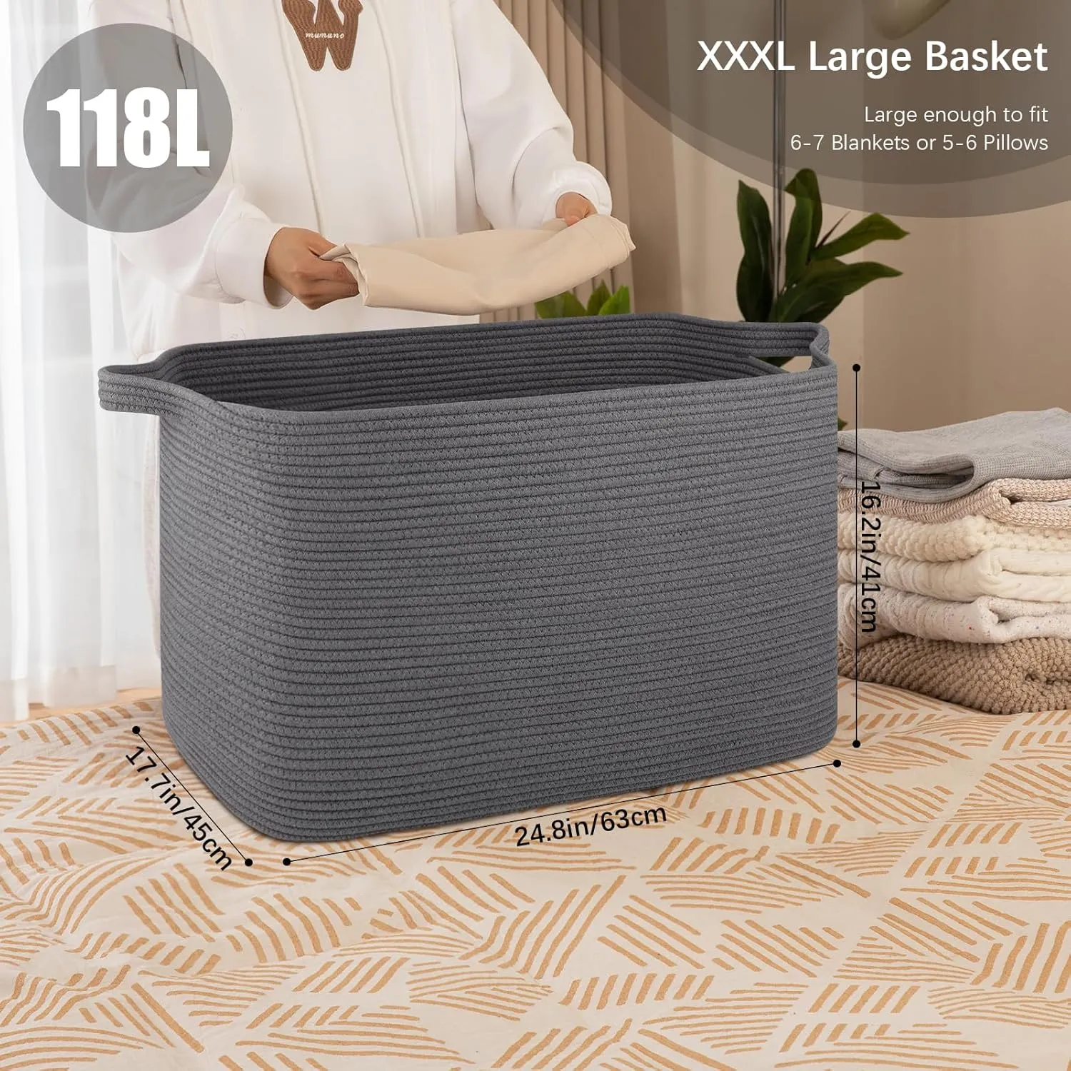 118L Extra Large Blanket Basket, 24.8"x17.7"x16.2" Woven Rope Baskets for Storage, Nursery Blanket Storage for Living Room, Toy Basket with Handle Organizing Comforter Cushions Pillows, Grey