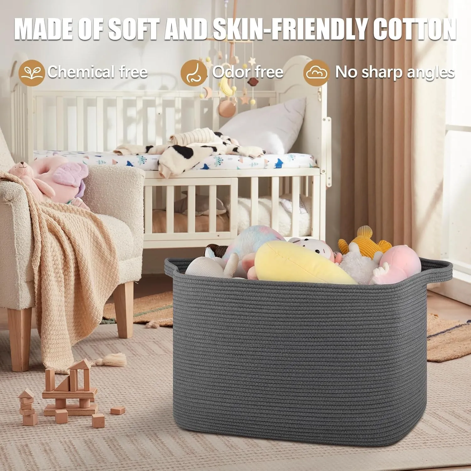 118L Extra Large Blanket Basket, 24.8"x17.7"x16.2" Woven Rope Baskets for Storage, Nursery Blanket Storage for Living Room, Toy Basket with Handle Organizing Comforter Cushions Pillows, Grey
