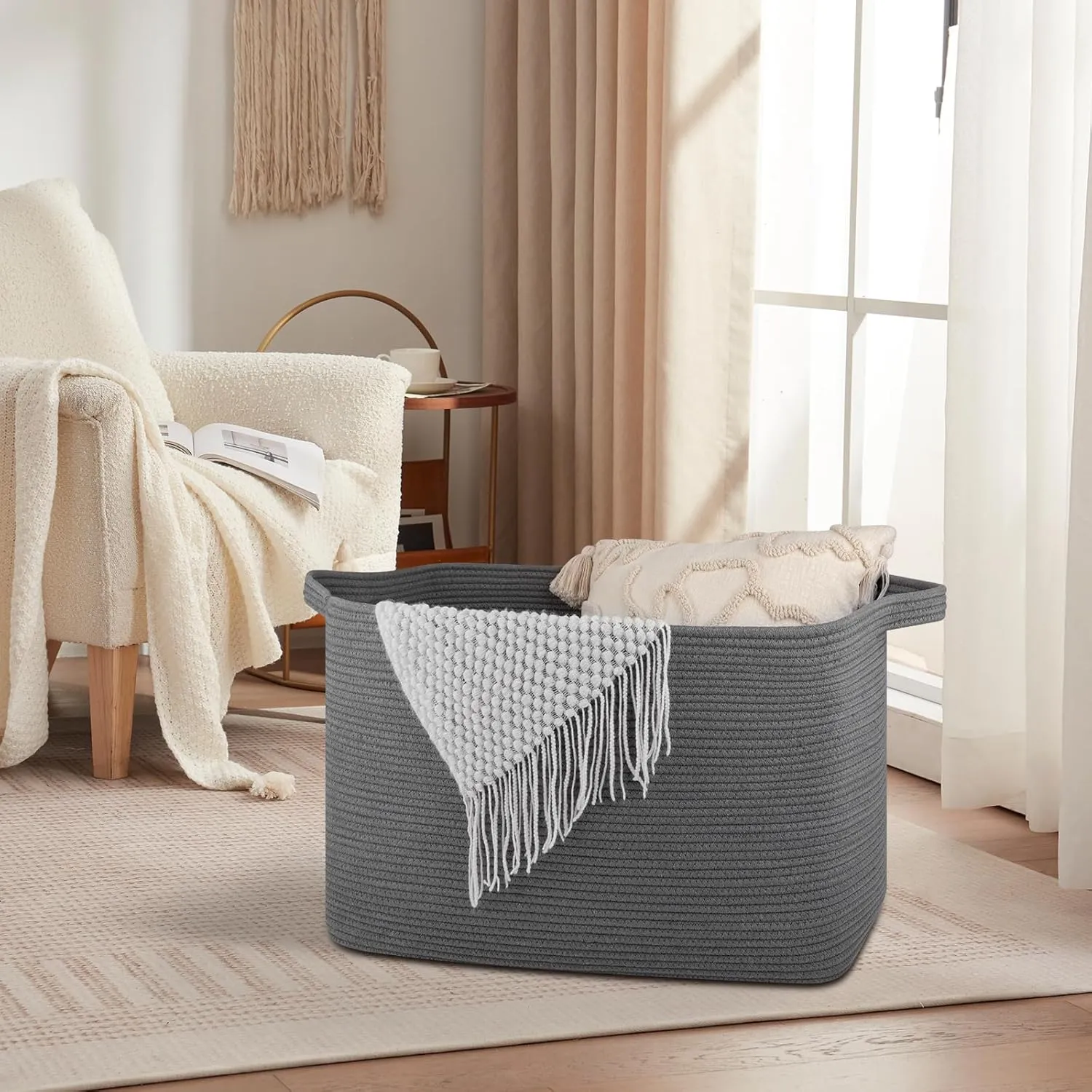 118L Extra Large Blanket Basket, 24.8"x17.7"x16.2" Woven Rope Baskets for Storage, Nursery Blanket Storage for Living Room, Toy Basket with Handle Organizing Comforter Cushions Pillows, Grey