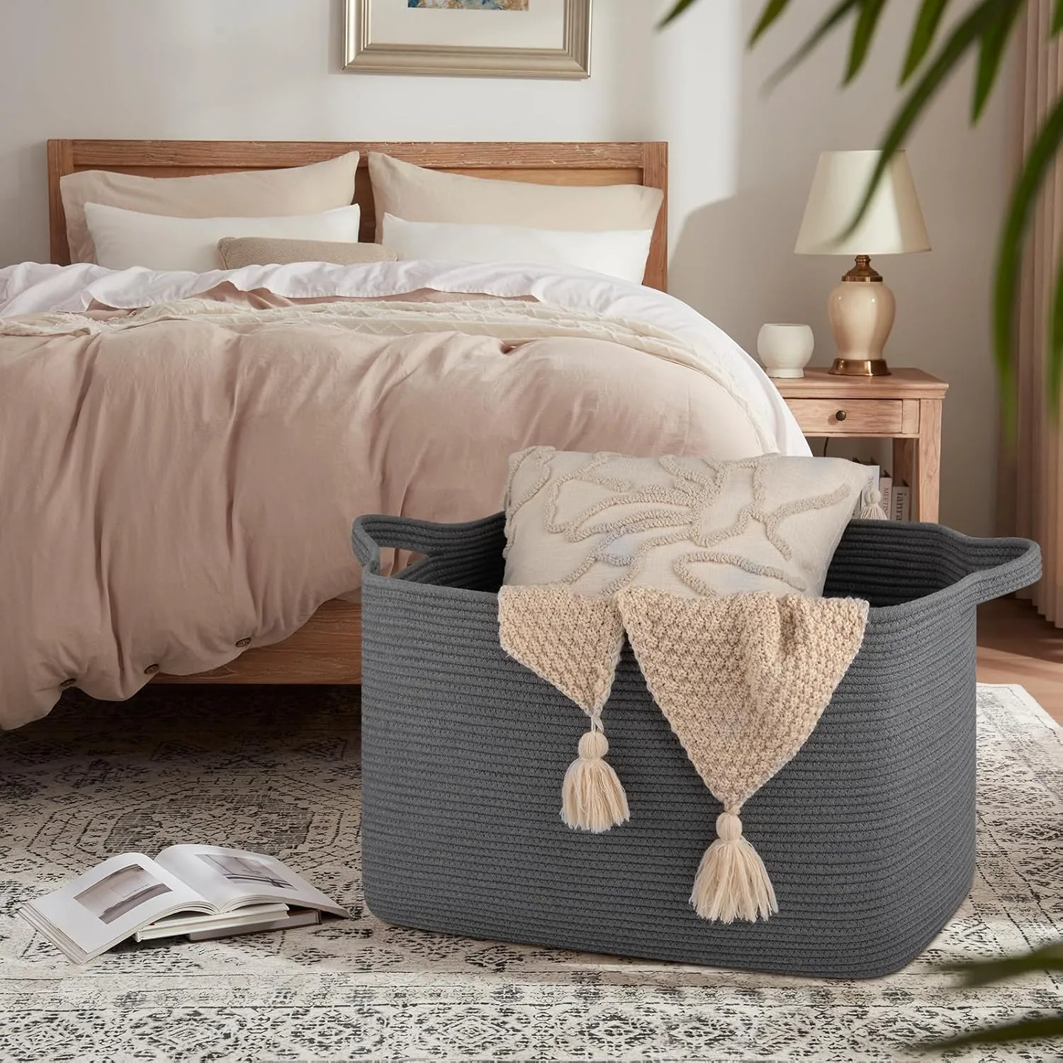 118L Extra Large Blanket Basket, 24.8"x17.7"x16.2" Woven Rope Baskets for Storage, Nursery Blanket Storage for Living Room, Toy Basket with Handle Organizing Comforter Cushions Pillows, Grey