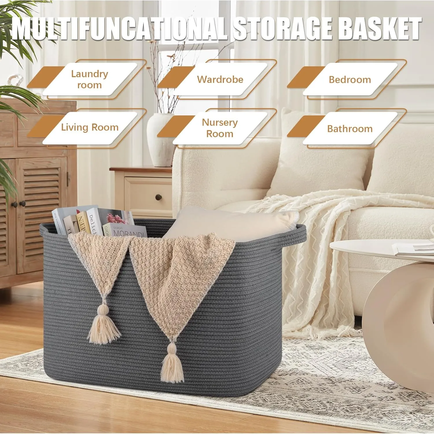 118L Extra Large Blanket Basket, 24.8"x17.7"x16.2" Woven Rope Baskets for Storage, Nursery Blanket Storage for Living Room, Toy Basket with Handle Organizing Comforter Cushions Pillows, Grey