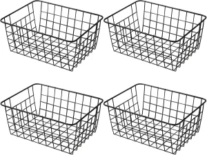 11" Upright Freezer Storage Baskets, Black Wire Storage Bins Small Bakset for Freezer, Pantry, Bathroom Organizing, Set of 4