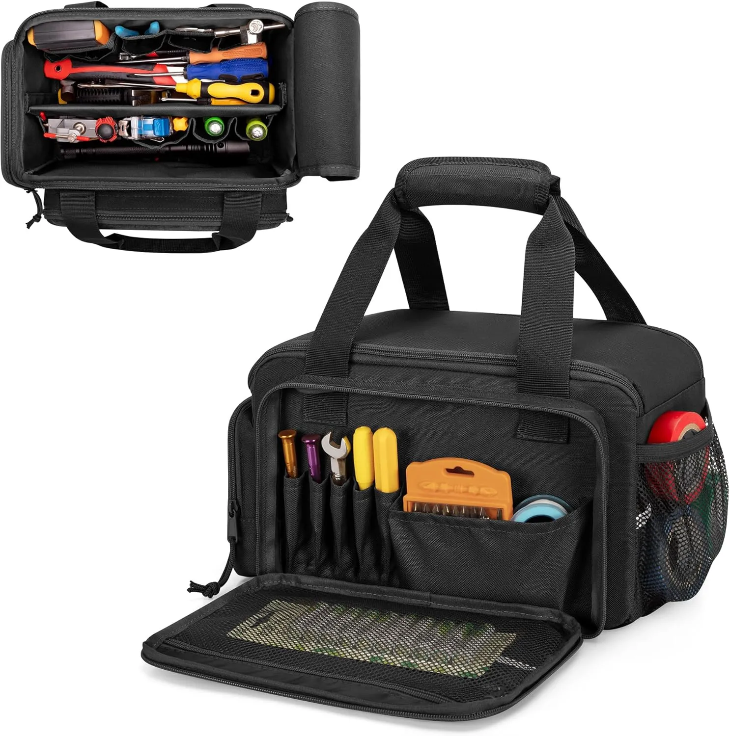 12-Inch Tool Bag with Anti-friction Bottom, Hand Tool Storage Organizer Bag for Men, Tactical Range Bag, Multi-purpose Work Tote for Repairman, Electrician, Carpenters, Handyman, Black