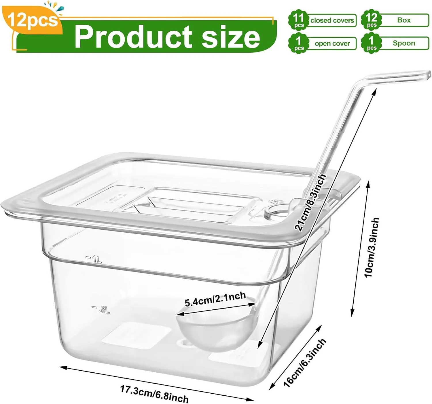 12 Pack Plastic Clear Food Pan with Lids, 1/6 Size 4'' Deep Commercial Stackable Polycarbonate Pans Hotel Food Storage Pan with 1 Pcs Spoon for Fruits Vegetables