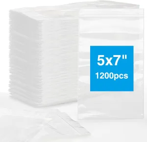 1200pcs Clear Plastic Bags, 5" x 7" Jewelry Bags, 2 Mil Thick, Zip Seal Poly Baggies for Travel, Storage, Packaging