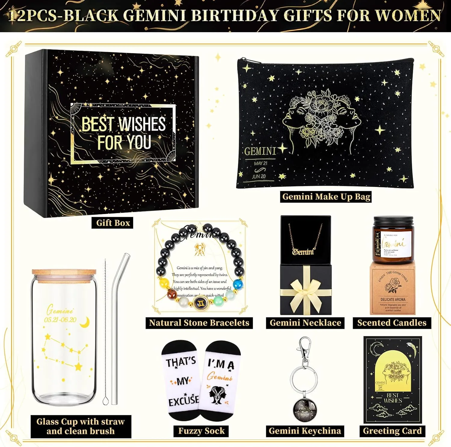 12PCS Gemini Birthday Gifts for Women-Gemini Zodiac Gifts for Women, Mom, Wife, Self Care Package,Get Well Soon, Mother's Day Baskets Birthday Astrological Baskets