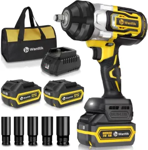 1300N.m Cordless Impact Wrench 1/2 Inch, 21V Brushless High Torque Impact Gun w/ 2 x 4.0Ah Batteries, Fast Charger, 5 Sockets and Tool Bag