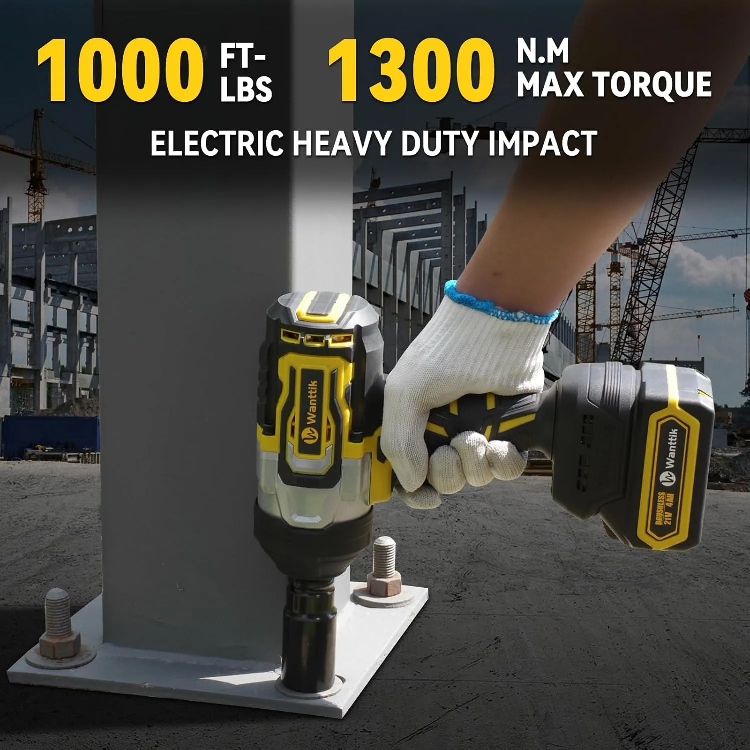 1300N.m Cordless Impact Wrench 1/2 Inch, 21V Brushless High Torque Impact Gun w/ 2 x 4.0Ah Batteries, Fast Charger, 5 Sockets and Tool Bag