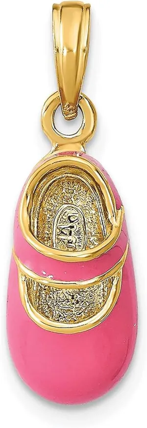 14K Yellow Gold with Pink Enamel 3-D Baby Shoe Charm Pendant