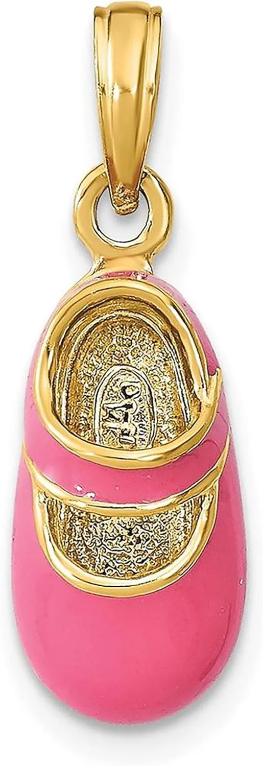 14K Yellow Gold with Pink Enamel 3-D Baby Shoe Charm Pendant