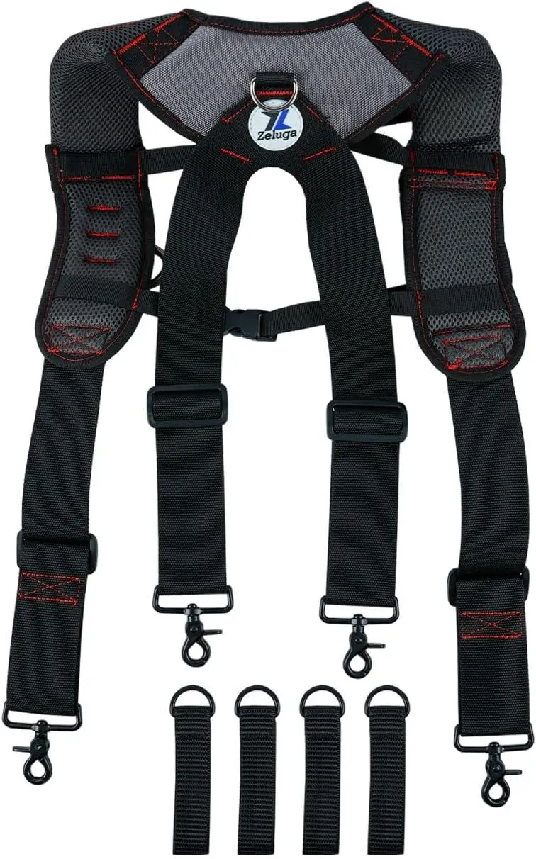 15-214 Trigger Snap Hook End Construction Work Suspender with Gel Pad Detachable Phone Holder, Black/Red