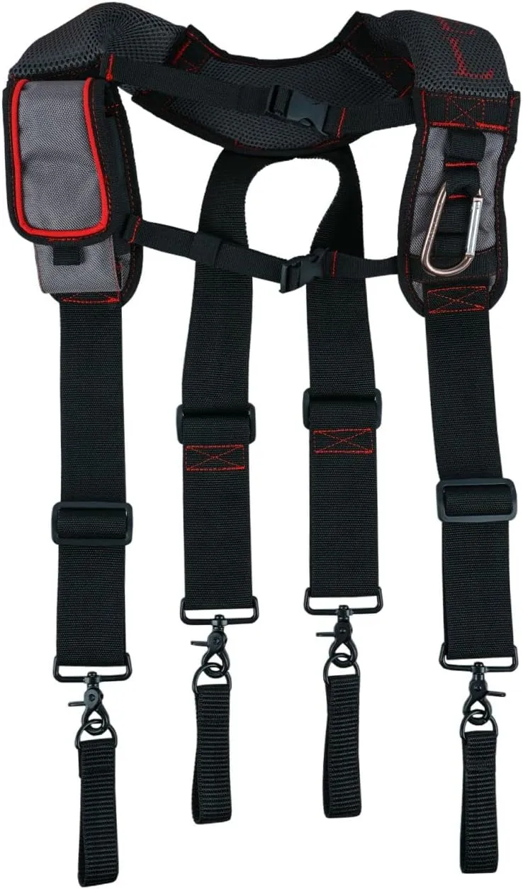 15-214 Trigger Snap Hook End Construction Work Suspender with Gel Pad Detachable Phone Holder, Black/Red