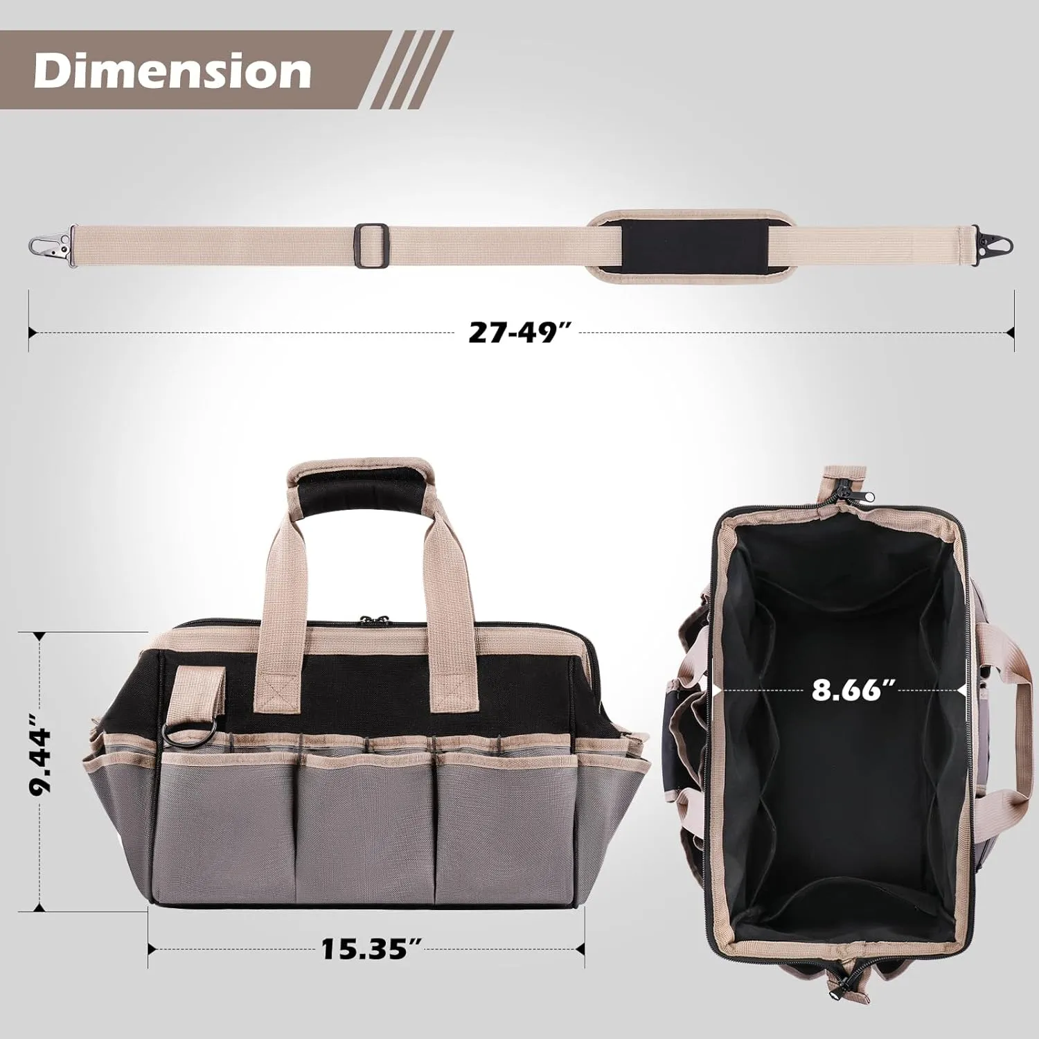 15-Inch Heavy Duty Tool Bag - 32-Pocket Wide Mouth Tool Tote Organizer Storage, Portable Electrician Open Top Tool Bags with Large Zipper, Adjustable Shoulder Strap, Gift for Mechanic HVAC