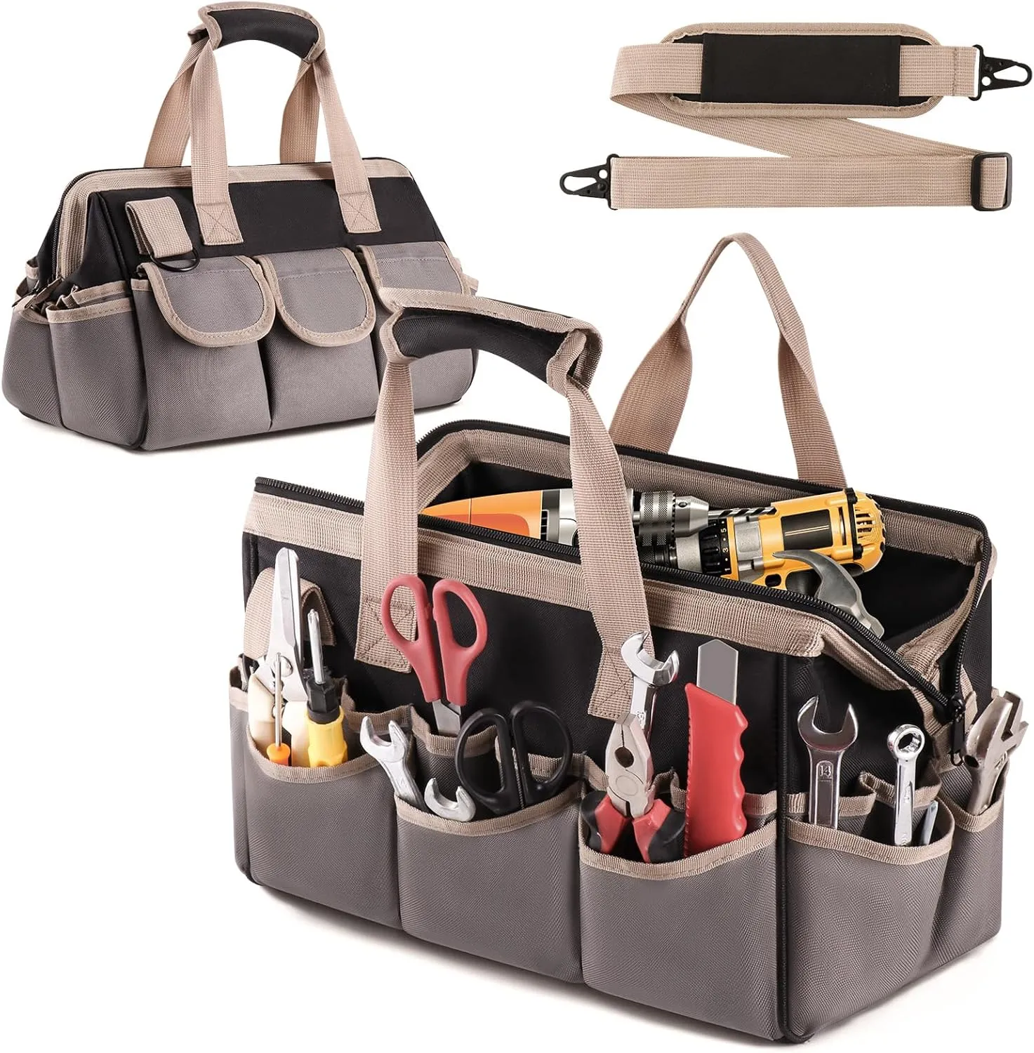 15-Inch Heavy Duty Tool Bag - 32-Pocket Wide Mouth Tool Tote Organizer Storage, Portable Electrician Open Top Tool Bags with Large Zipper, Adjustable Shoulder Strap, Gift for Mechanic HVAC