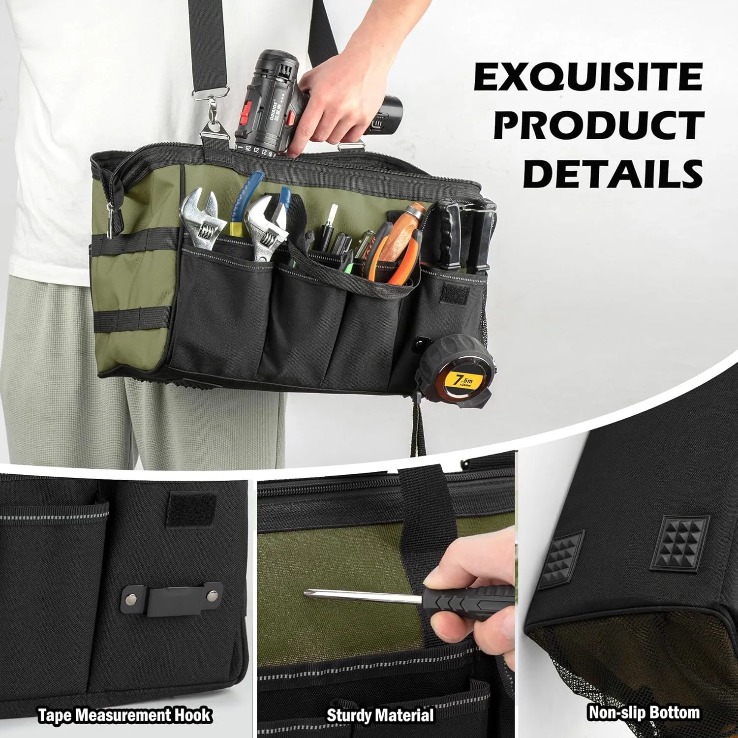 15 Inch Heavy Duty Tool Bag, Portable Tool Box Organizer Storage with Adjustable Shoulder Strap, Tactical Carry Tote Toolbox with Large Zipper