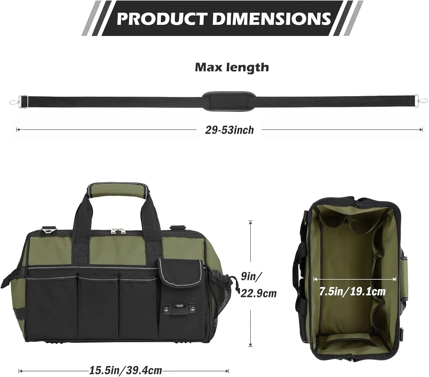 15 Inch Heavy Duty Tool Bag, Portable Tool Box Organizer Storage with Adjustable Shoulder Strap, Tactical Carry Tote Toolbox with Large Zipper
