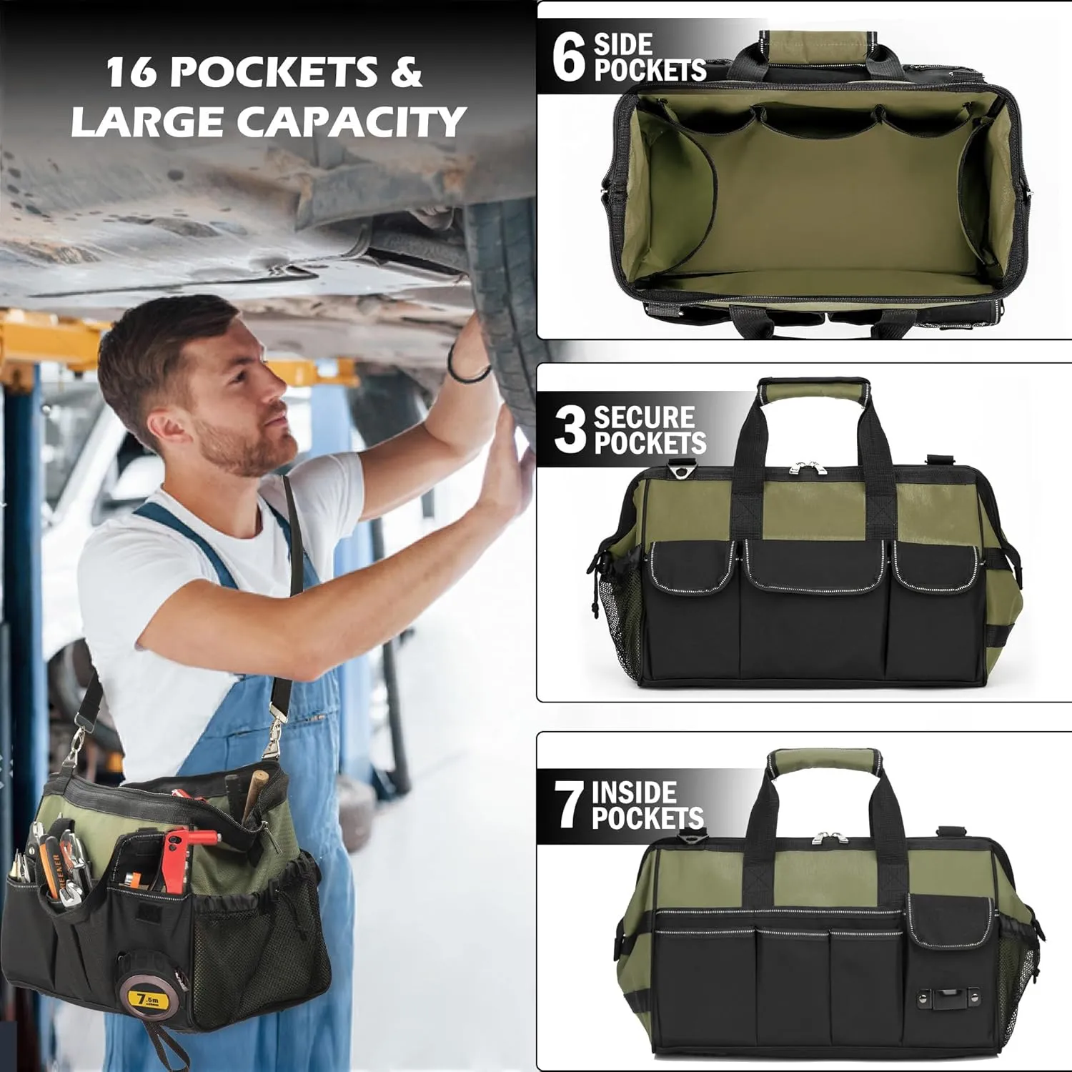 15 Inch Heavy Duty Tool Bag, Portable Tool Box Organizer Storage with Adjustable Shoulder Strap, Tactical Carry Tote Toolbox with Large Zipper