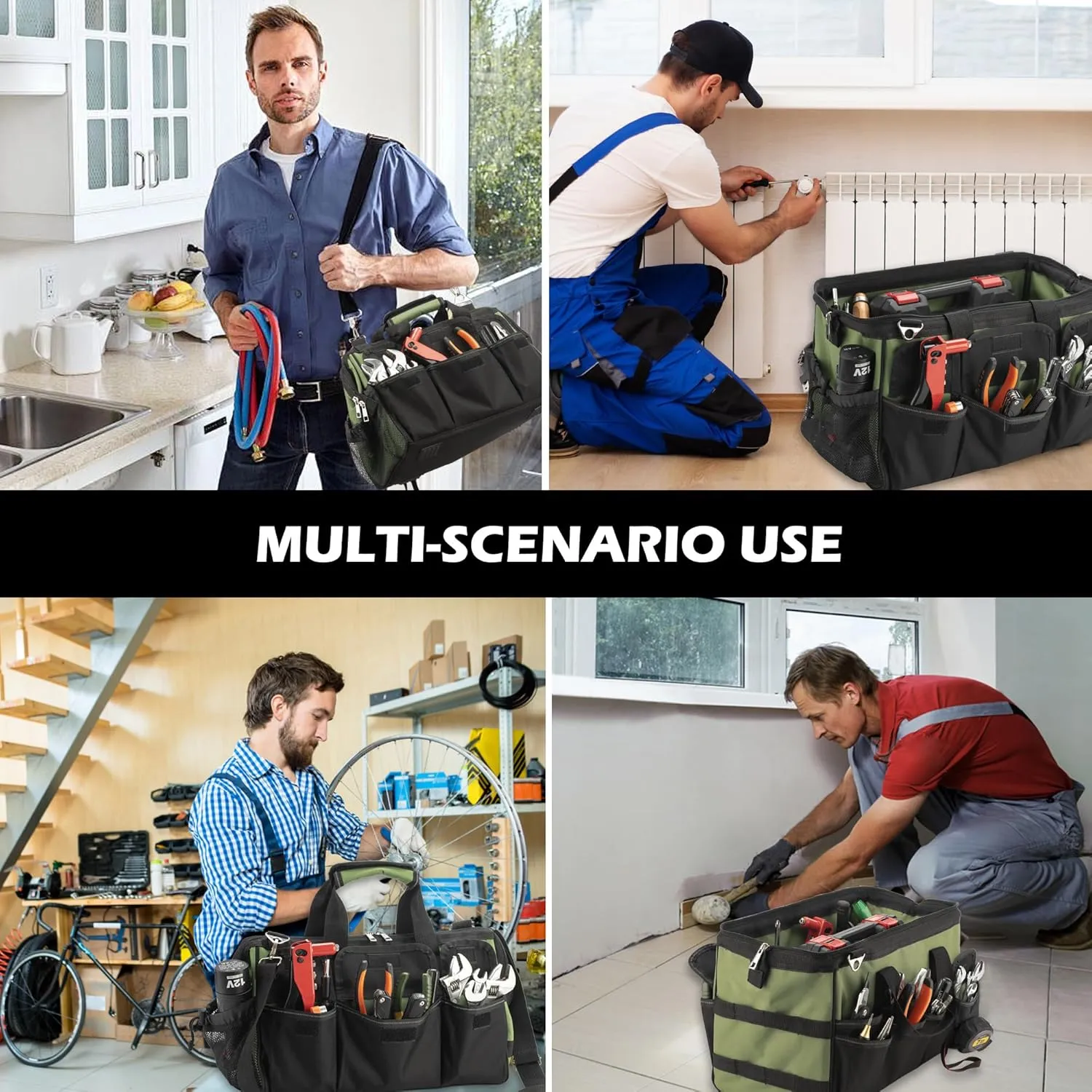 15 Inch Heavy Duty Tool Bag, Portable Tool Box Organizer Storage with Adjustable Shoulder Strap, Tactical Carry Tote Toolbox with Large Zipper