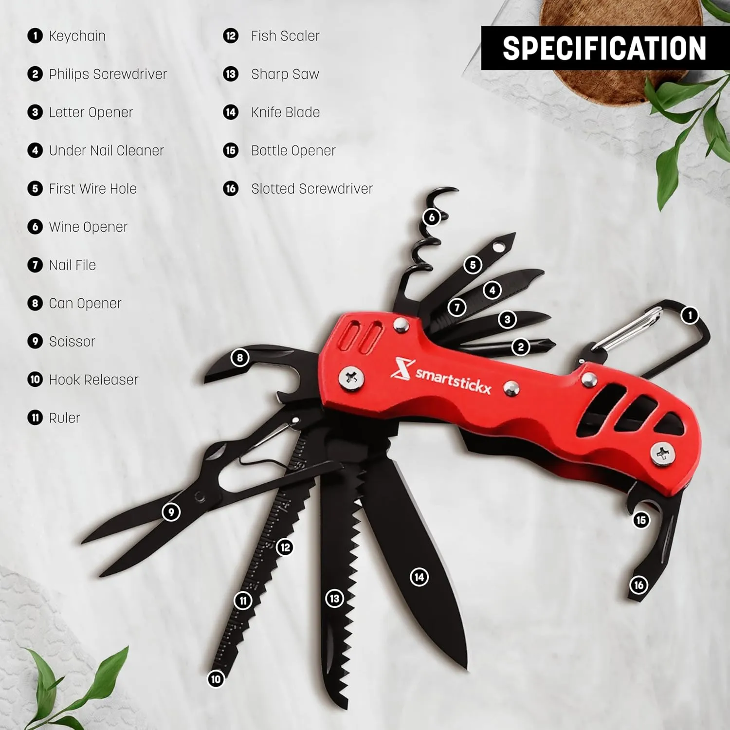 16-in-1 Pocket Army Knife multitool MilitaryGrade Steel: Swiss Style Multi Functional Small Folding Knife, Survival Tools with Keychain, Wine/Bottle Opener, Scissors, Saw, Screwdrivers