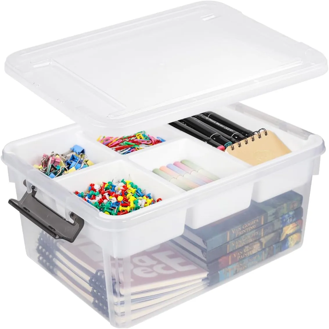 17 QT Plastic Storage Bin with Lid, Clear Organizing Container with Removable Tray, Multipurpose Stackable Storage Box for Home, Office and School Supplies