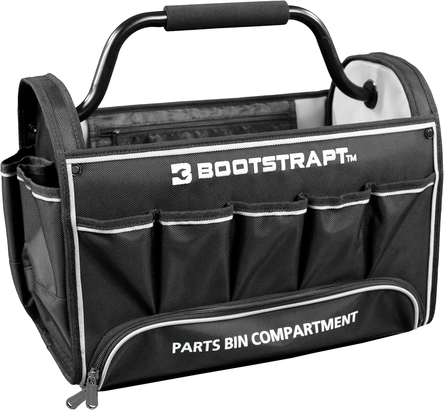 18 in. Contractor's Tote Bag with Integrated Parts Bin Compartment and Waterproof Rain Cover