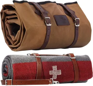 1844 Helko Werk Germany Waxed Canvas Bedroll & Swiss Army Blanket Bundle - Camping Bedroll with Leather Straps and Zipper - Waterproof Portable Bed (Blanket   Bedroll Field Tan) #F8761TB