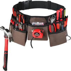 19 Pocket Brown and Black Heavy Duty Construction Tool Belt, Work Apron, Tool Pouch, with Poly Web Belt Quick Release Buckle - Adjusts from 33” Inches All the Way to 50” Inches