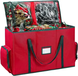 2-In-1 Christmas Decoration Ornament Organizer Box， Movable Pallet Santas Bags Ornament Storage Containers, Holds 73 Holiday Ornaments, Adjustable Space For Figurines And Pockets For Decoration