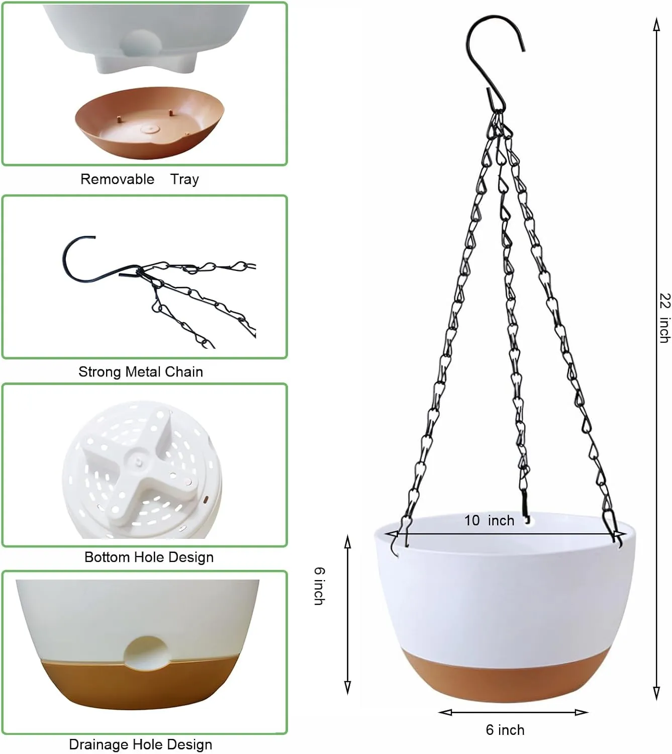 2 Pack 10 Inch Hanging Planters for Indoor Outdoor Plants, Plastic Hanging Basket Flower Plant Pots, Plant Self Watering Pot with Drainage Holes and Saucers for Garden Home (White)