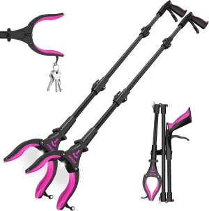 2 Pack 32'' Long Grabber Tool, Grabbers for Elderly Grab It Reaching Tool with Light, Grabber Reacher Tool Heavy Duty with Rotating Jaw & Magnets(Black Rose)