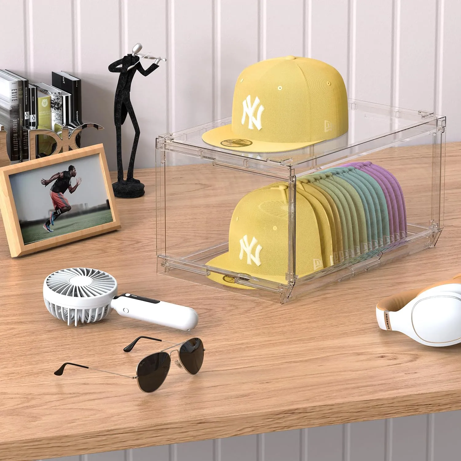 2 Pack Large Hat Organizer Box, Stackable Clear Baseball Caps Holder Box Containers with Sliding Door for Hats Snapback Cap Storag, Hat Rack Display Case, Holds 20 Hats Each -Clear