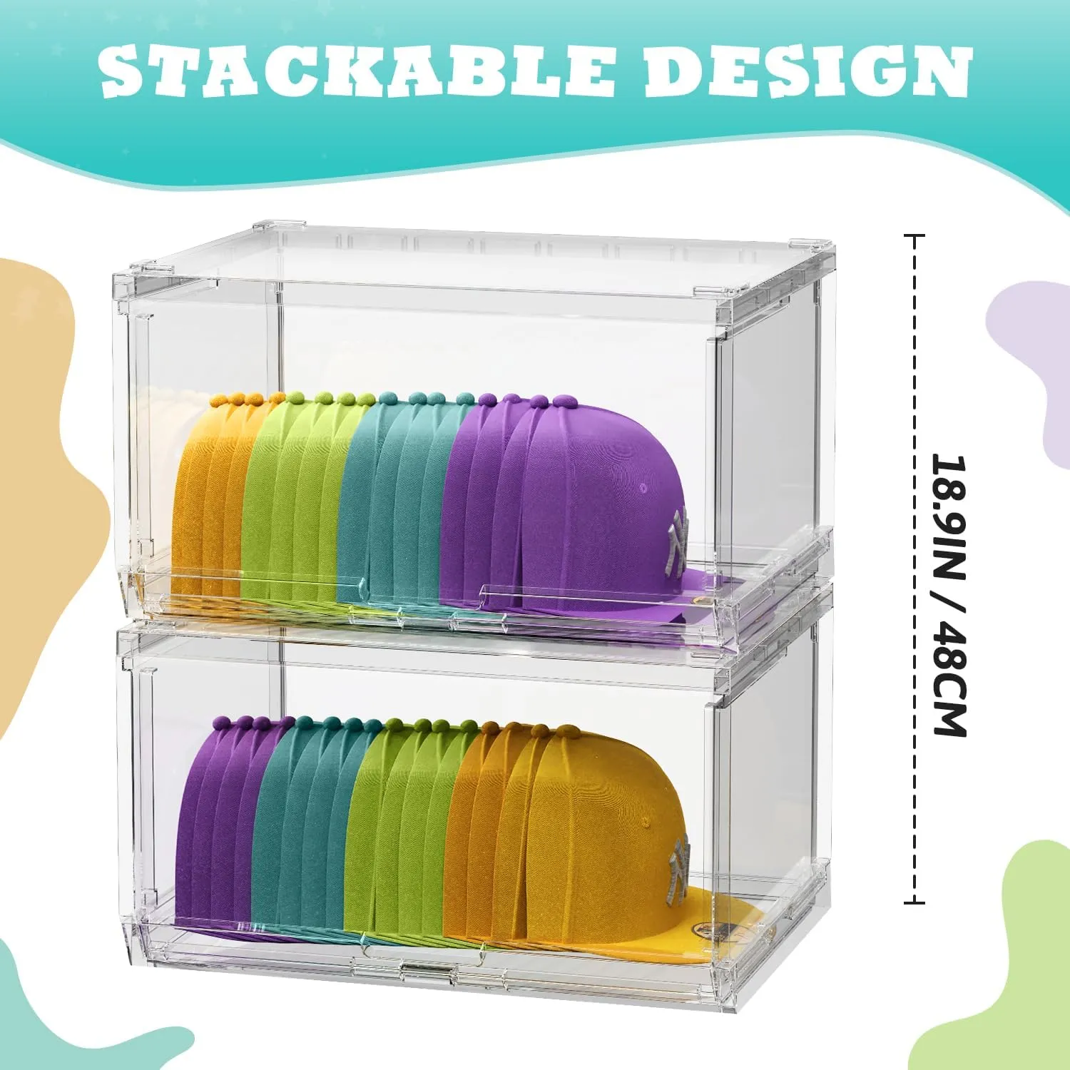 2 Pack Large Hat Organizer Box, Stackable Clear Baseball Caps Holder Box Containers with Sliding Door for Hats Snapback Cap Storag, Hat Rack Display Case, Holds 20 Hats Each -Clear
