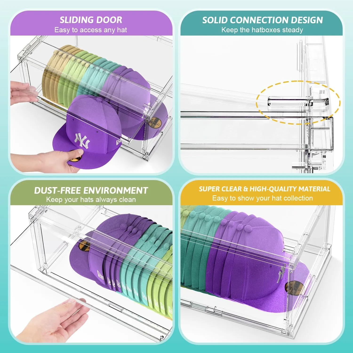 2 Pack Large Hat Organizer Box, Stackable Clear Baseball Caps Holder Box Containers with Sliding Door for Hats Snapback Cap Storag, Hat Rack Display Case, Holds 20 Hats Each -Clear