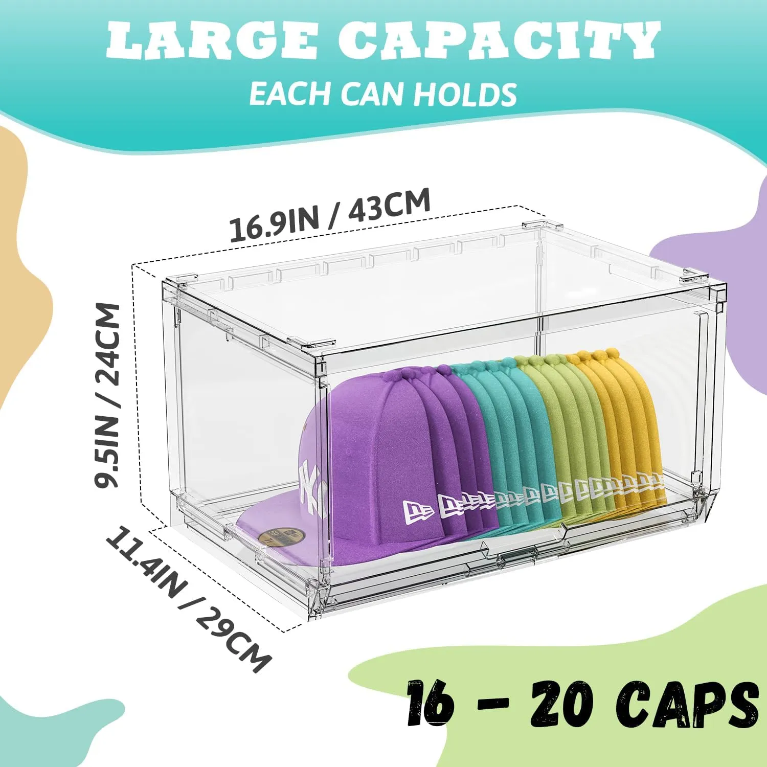2 Pack Large Hat Organizer Box, Stackable Clear Baseball Caps Holder Box Containers with Sliding Door for Hats Snapback Cap Storag, Hat Rack Display Case, Holds 20 Hats Each -Clear