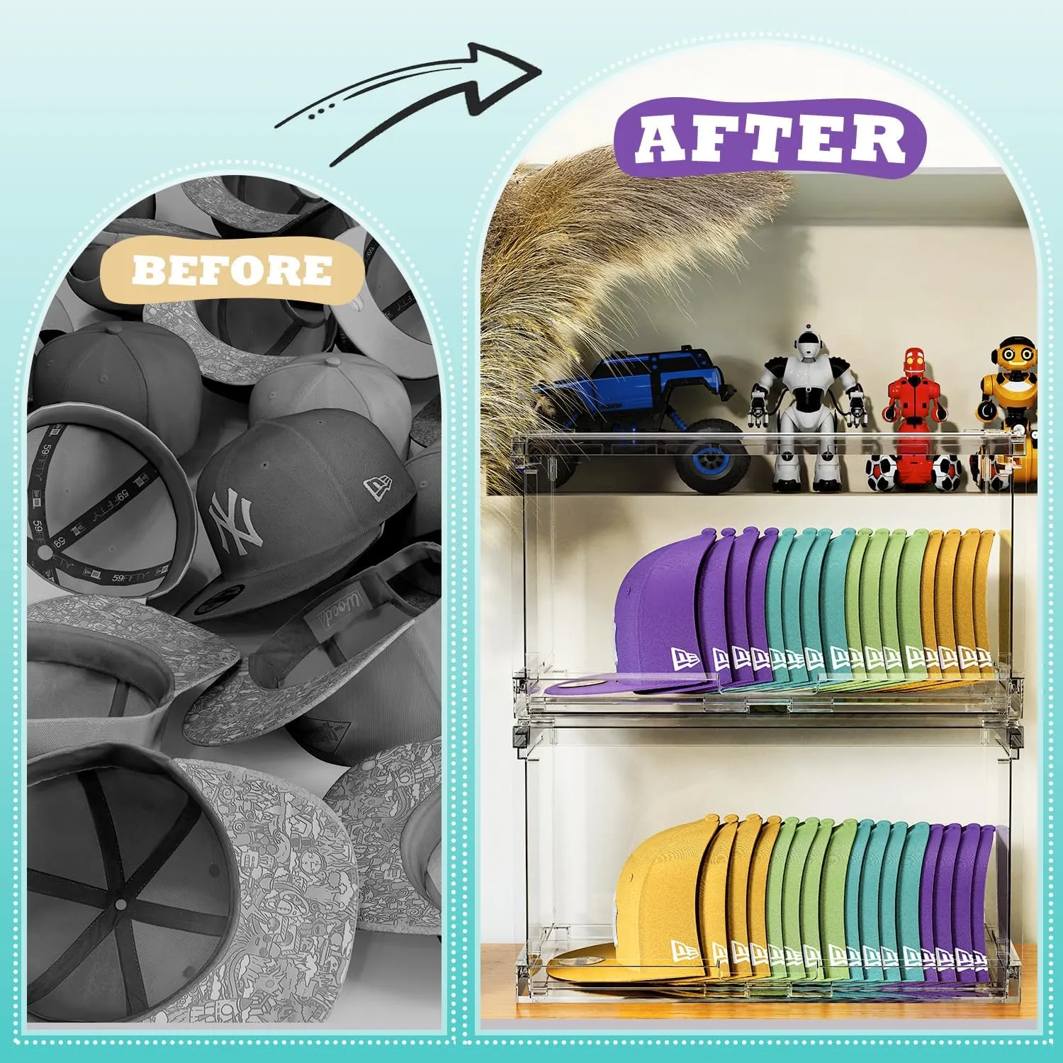 2 Pack Large Hat Organizer Box, Stackable Clear Baseball Caps Holder Box Containers with Sliding Door for Hats Snapback Cap Storag, Hat Rack Display Case, Holds 20 Hats Each -Clear