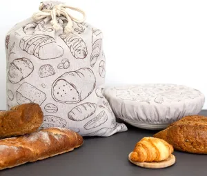 2 Pack Large Reusable Linen Bread Bags and 10'' Bowl Covers with Plastic Liners for Bread Storage & Sourdough Proofing