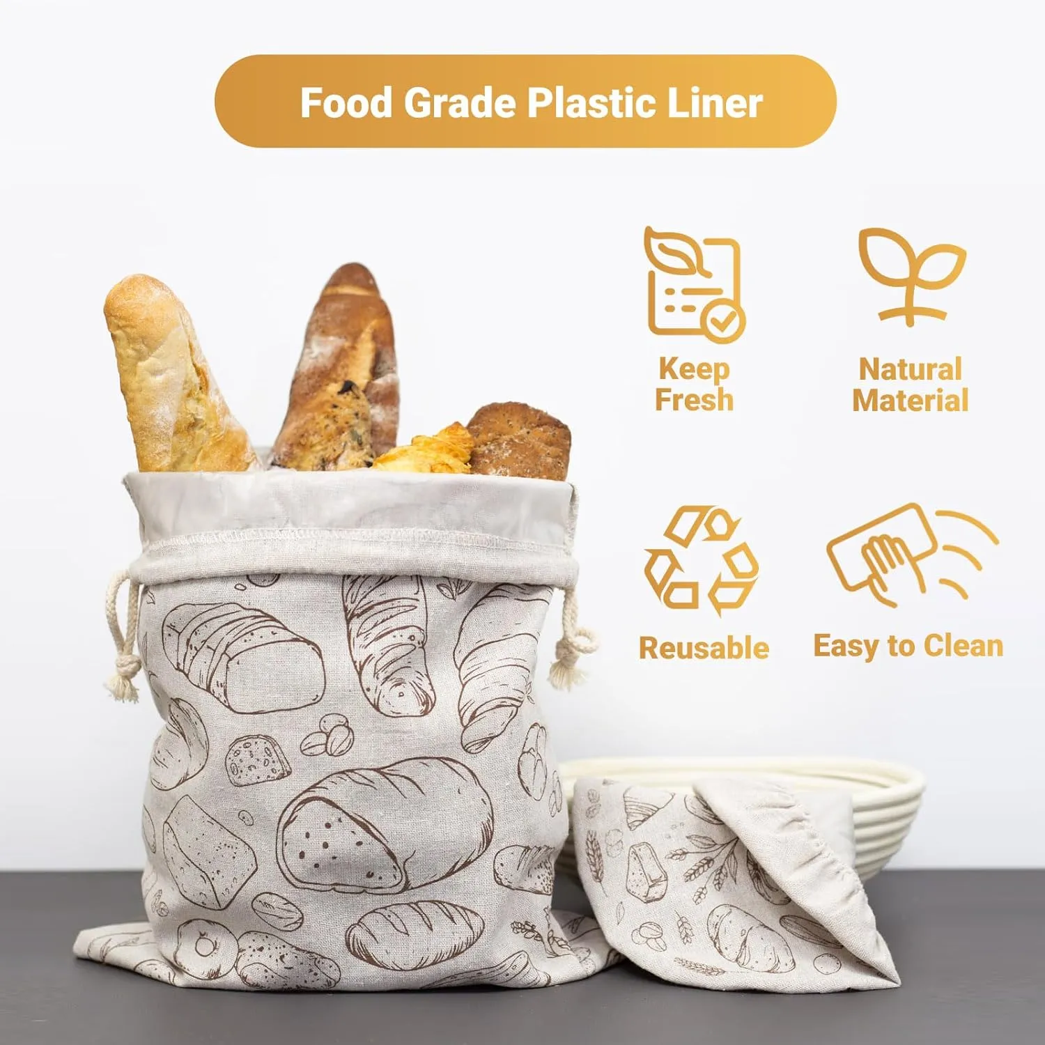 2 Pack Large Reusable Linen Bread Bags and 10'' Bowl Covers with Plastic Liners for Bread Storage & Sourdough Proofing